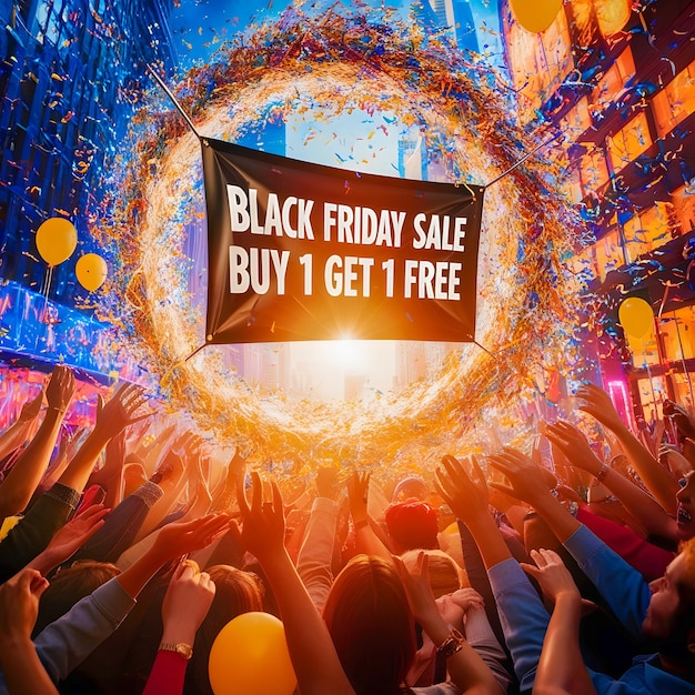 a poster that says black friday sale is held in front of a crowd