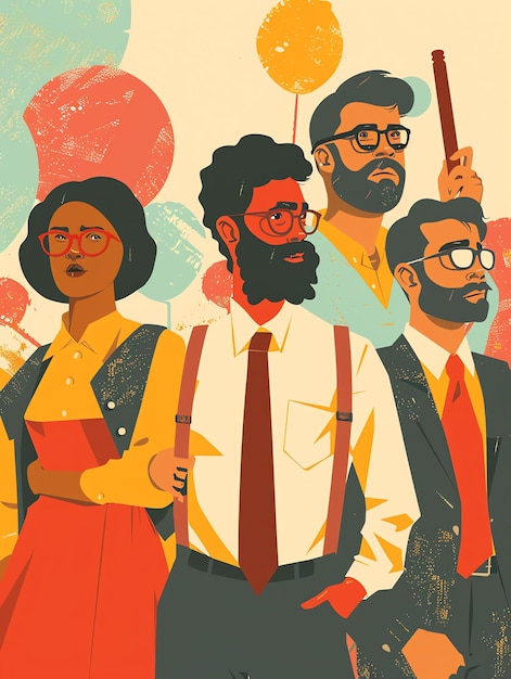 Photo a poster of three people with glasses and a man wearing a tie