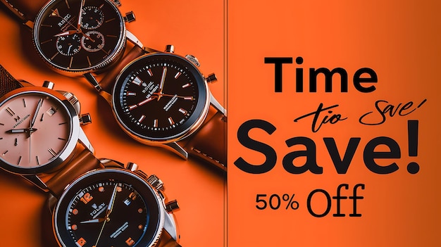 a poster for the time sale with a display of watches