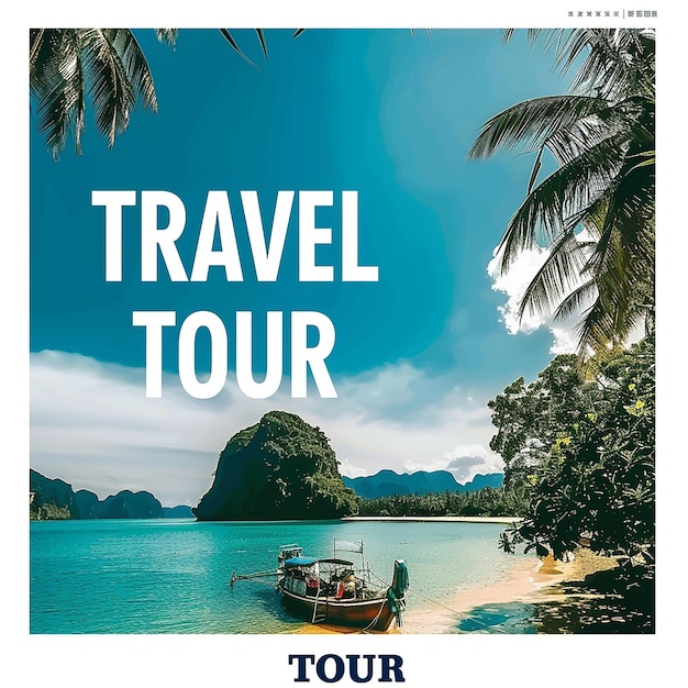 a poster for travel tour with a boat on the water and a palm tree in the background