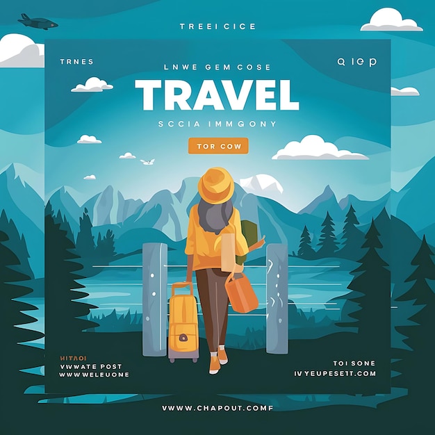 Photo a poster for travel with a woman wearing a hat and backpack