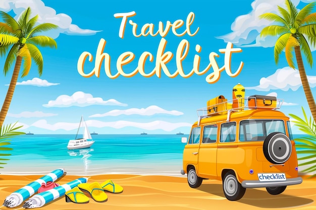 Photo a poster for travel with a yellow van on the beach