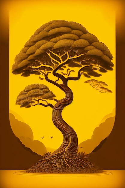 A poster for a tree that has a tree growing out of it.