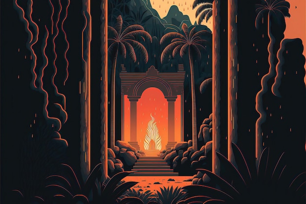 A poster for a tropical jungle with a fire in the middle.