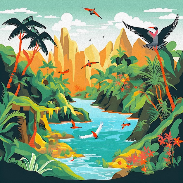 A poster for a tropical rainforest with a bird flying above it.