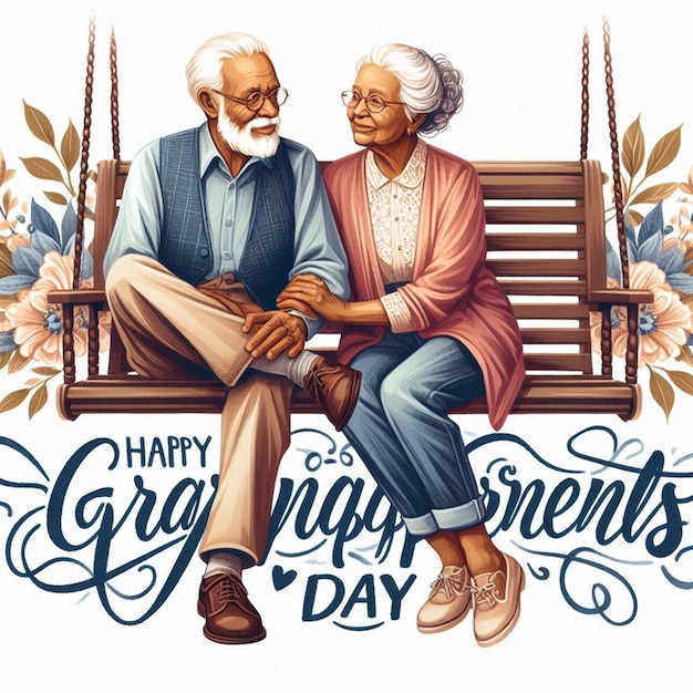 a poster of two old people sitting on a bench with a picture of happy holidays