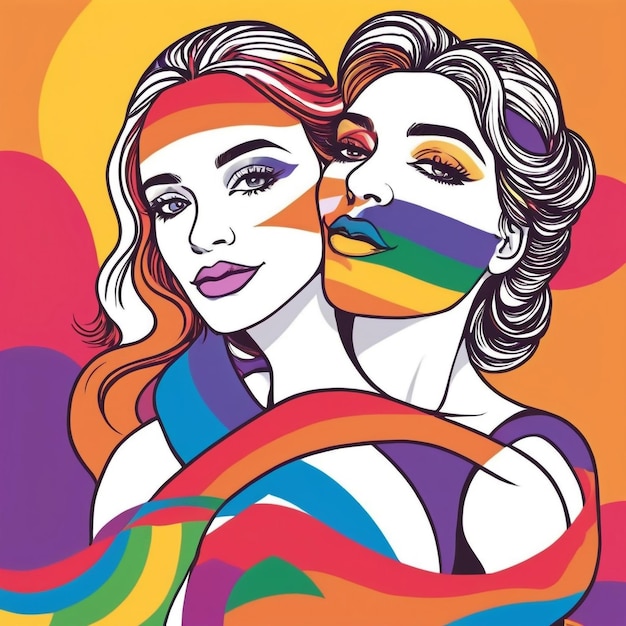 a poster of two women with rainbow colors and a woman with a rainbow colored background