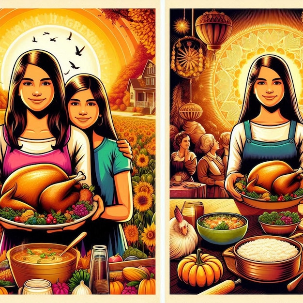 a poster of two women and a woman with a basket of food