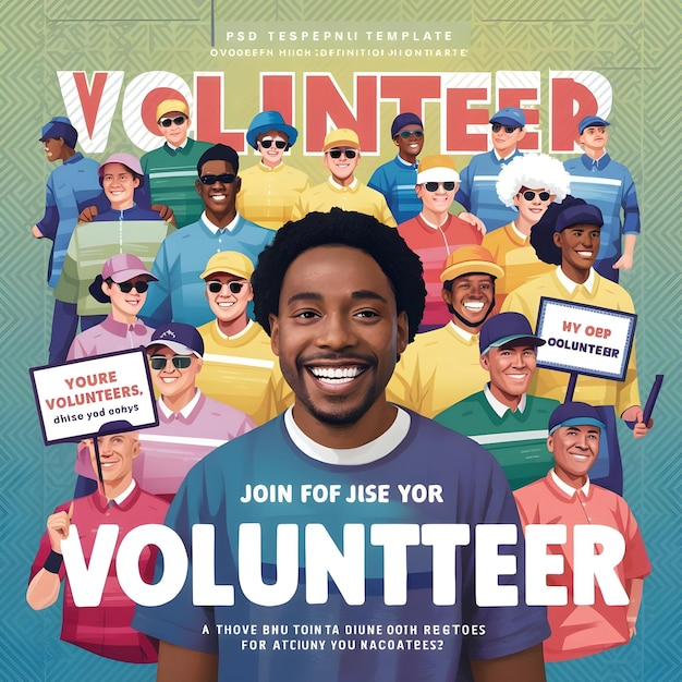 a poster for volunteers from the community that is holding different signs