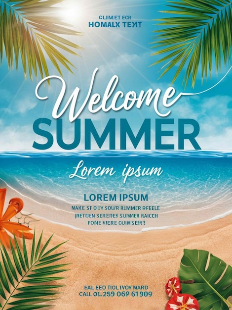 a poster for welcome summer on the beach with palm trees and the ocean in the background