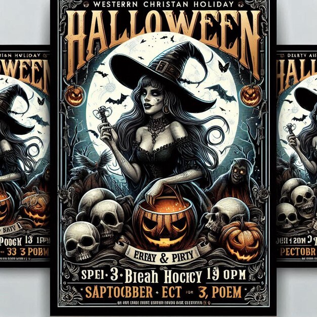 Photo a poster for western christian holiday with a witch on it