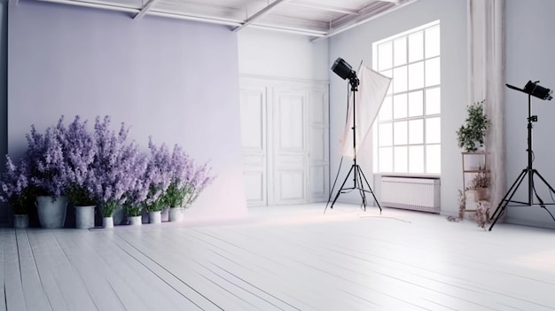 Poster above white cabinet with plant next to lilac sofa in simple living room interior purple sofa