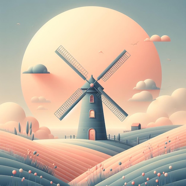 a poster of a windmill with a pink sunset