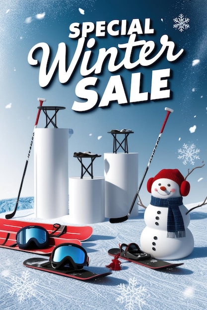 Photo a poster for winter sale shows a snowman and snowboard