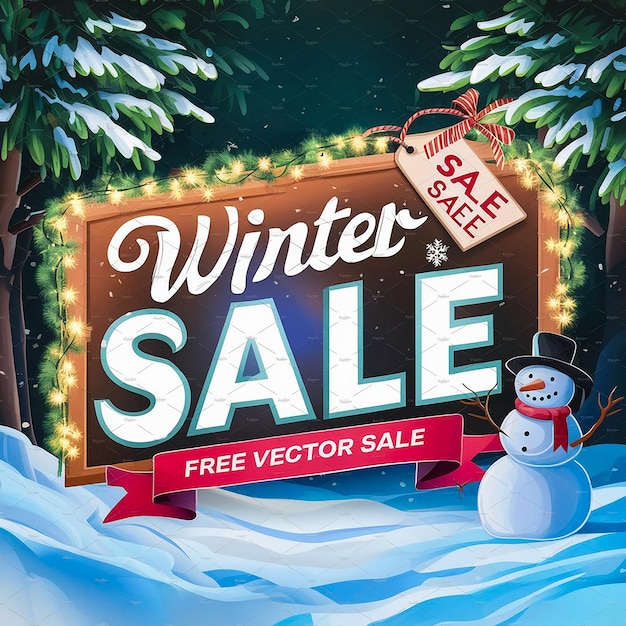 a poster for a winter sale with trees and snow on the top