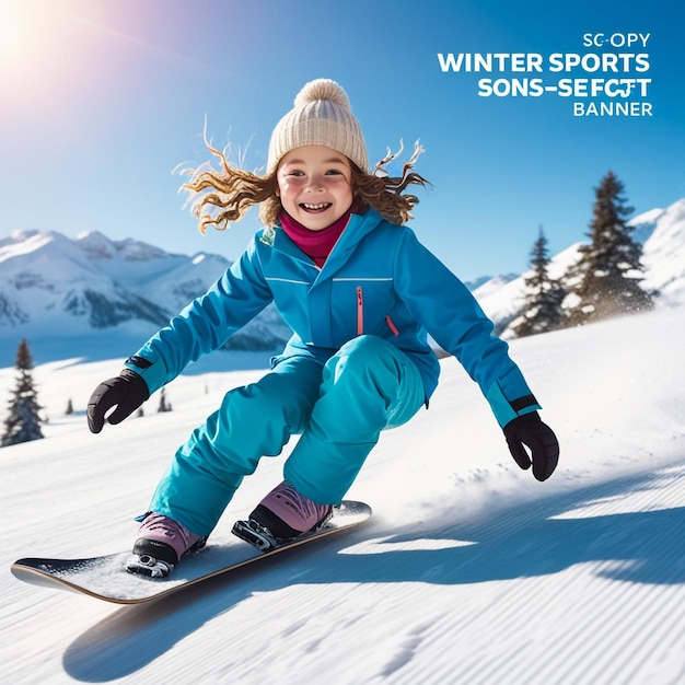 a poster for winter sports shows a girl on a snowboard