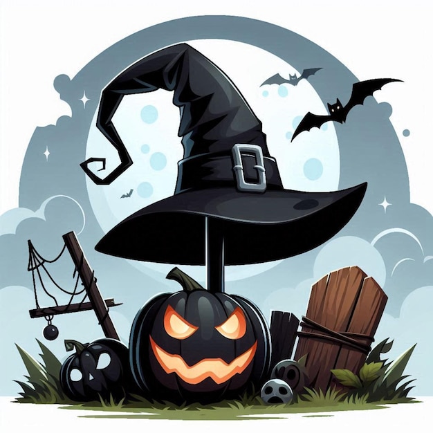 a poster for a witch hat with bats and a pumpkin