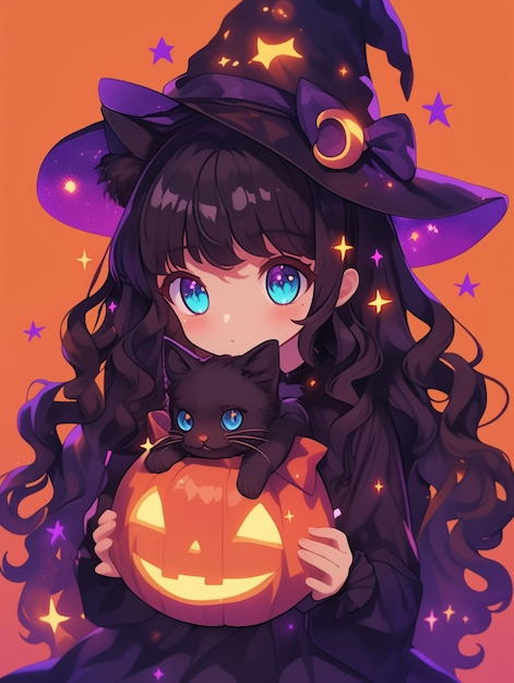 a poster for a witch with a pumpkin and a cat on it