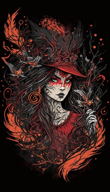 A poster for a witch with a red hat and a red hat.