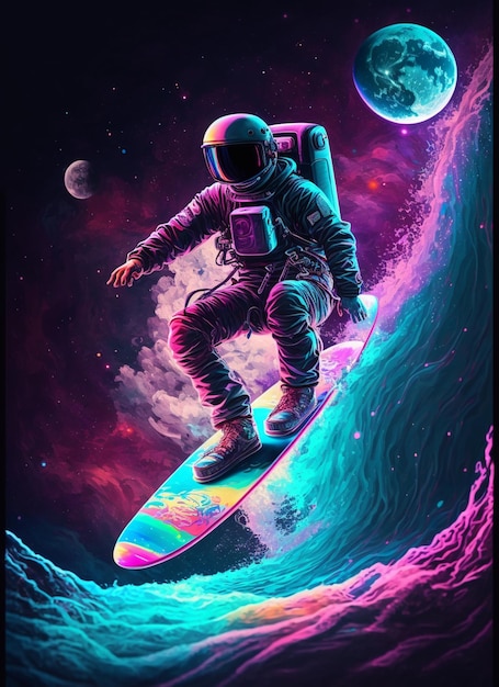 A poster with a astronaut on a surfboard in space.