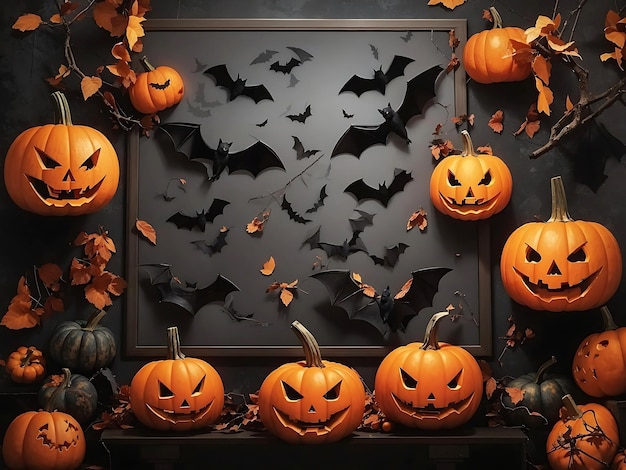 A poster with bats and pumpkins on it