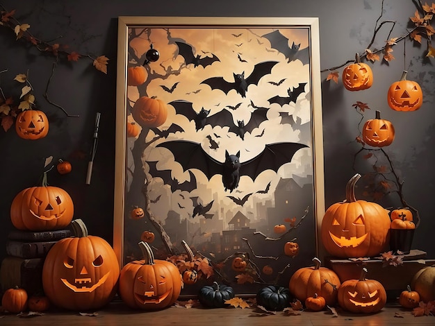 A poster with bats and pumpkins on it