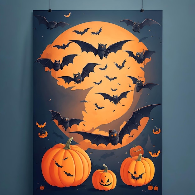 A poster with bats and pumpkins on it