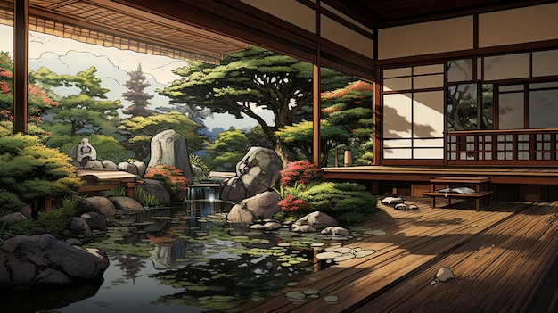 A poster with a beutiful japanese house