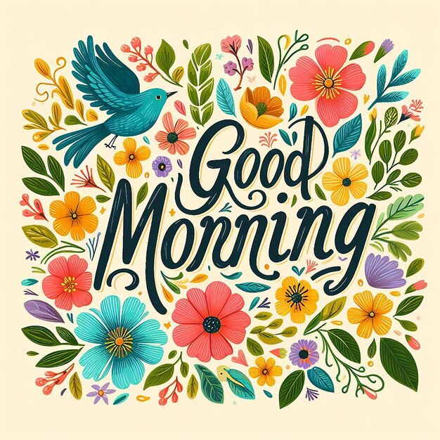 a poster with a bird and flowers on it that says good morning