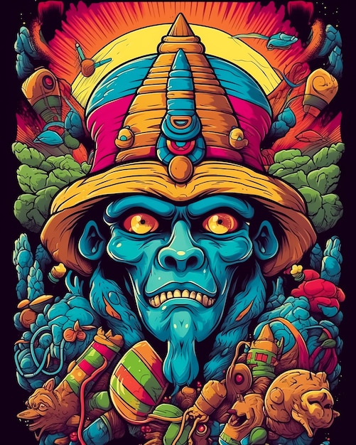 A poster with a blue demon with horns and a horn on it