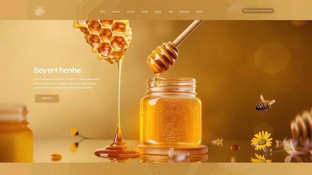 a poster with a bottle of honey pouring into a glass with a spoon