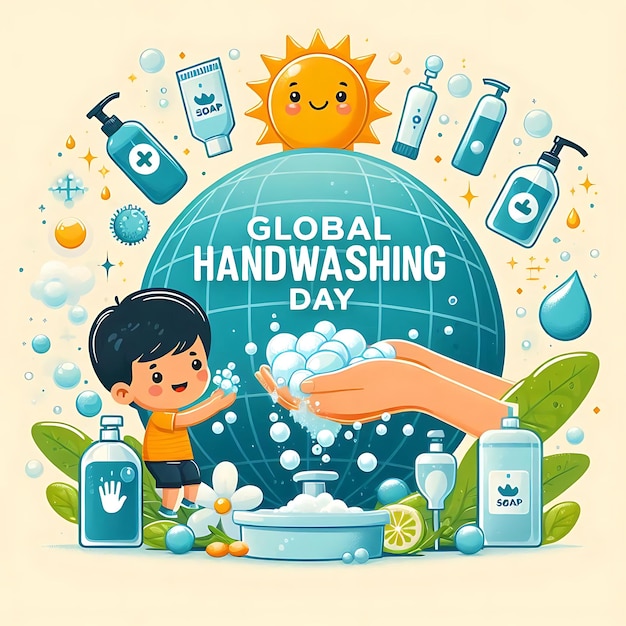 a poster with a boy washing hands and a globe with the words global hand washing