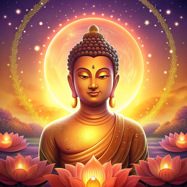 a poster with a buddha statue and lotus flowers in the background