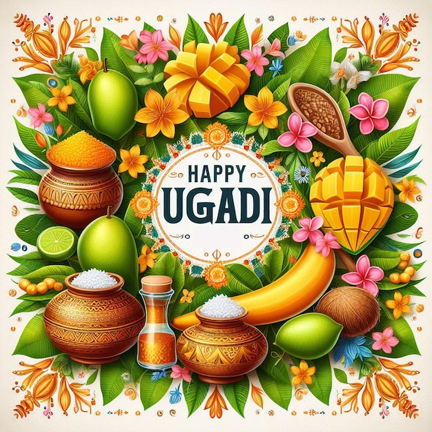 a poster with a bunch of bananas and fruits says Happy Ugadi