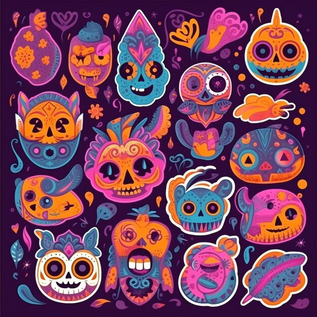 A poster with a bunch of colorful skulls and other items generative ai