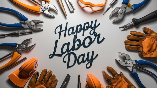 a poster with a bunch of scissors and orange gloves with the words happy labor day on it