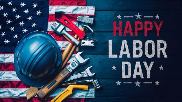 Photo a poster with a bunch of tools and a flag with the words happy day on it