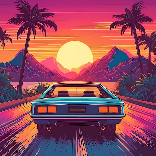 a poster with a car with a sunset in the background