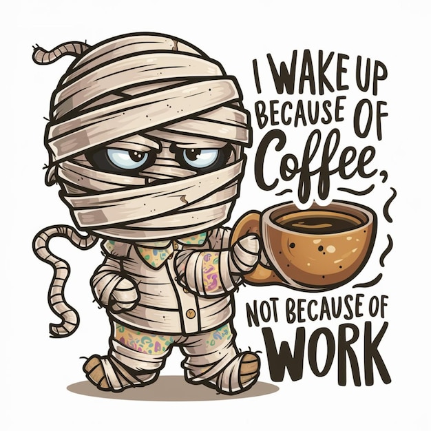 a poster with a cartoon character and a coffee mug saying i wake up because of work