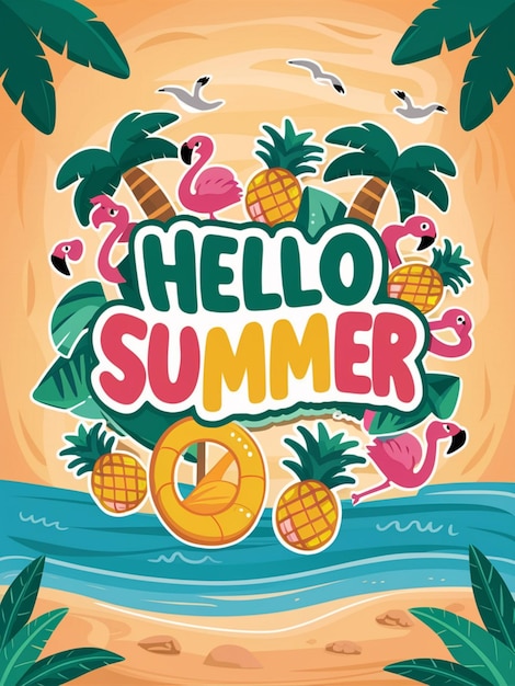 a poster with a cartoon character saying hello summer on it