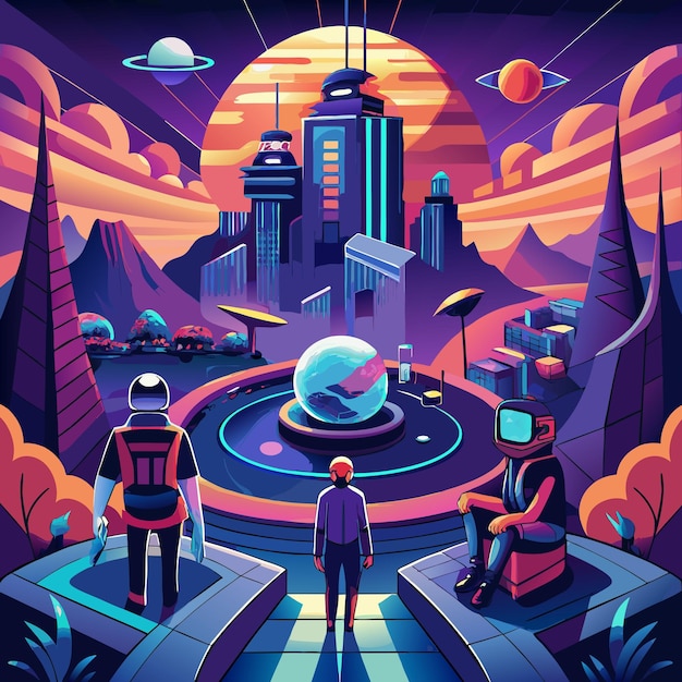 a poster with a cartoon characters and a cityscape in the background