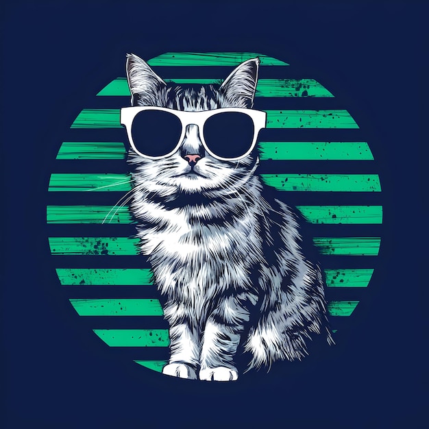 a poster with cat wearing sunglasses and blue background with a picture of a cat wearing sunglasses