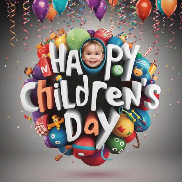 a poster with a childs face and balloons with a picture of a childs day day