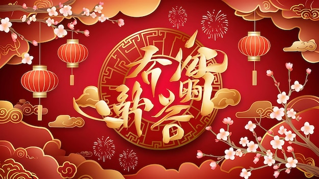 a poster with Chinese characters and Chinese text that says Happy New Year