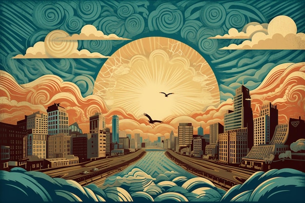 A poster with a city and the sun in the sky