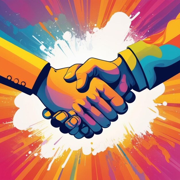 a poster with a colorful background with a man and woman shaking hands