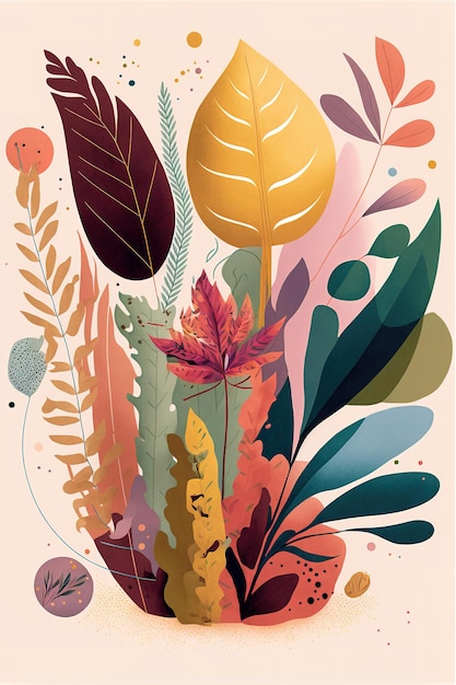 A poster with a colorful background with a plant and leaves.