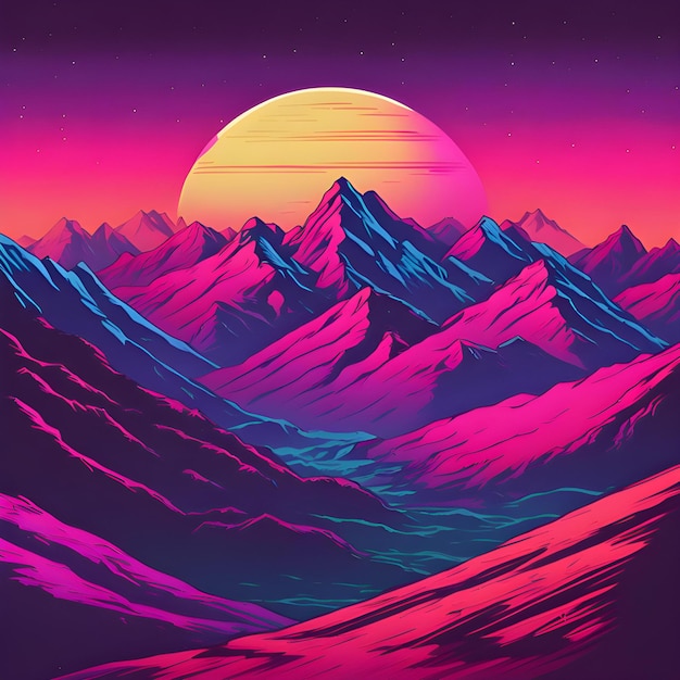 a poster with a colorful image of mountains and a purple sky with a purple background