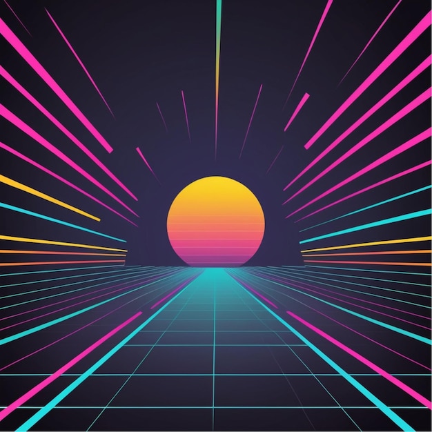 a poster with colorful lines and a sunset in the background