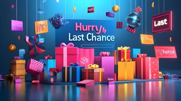 a poster with colorful presents and a sign that says quot happy last chance quot